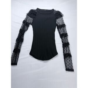 Free People Sheer Luck Black Ribbed Top Mesh Polka Dot Ruffle Sleeve - XS